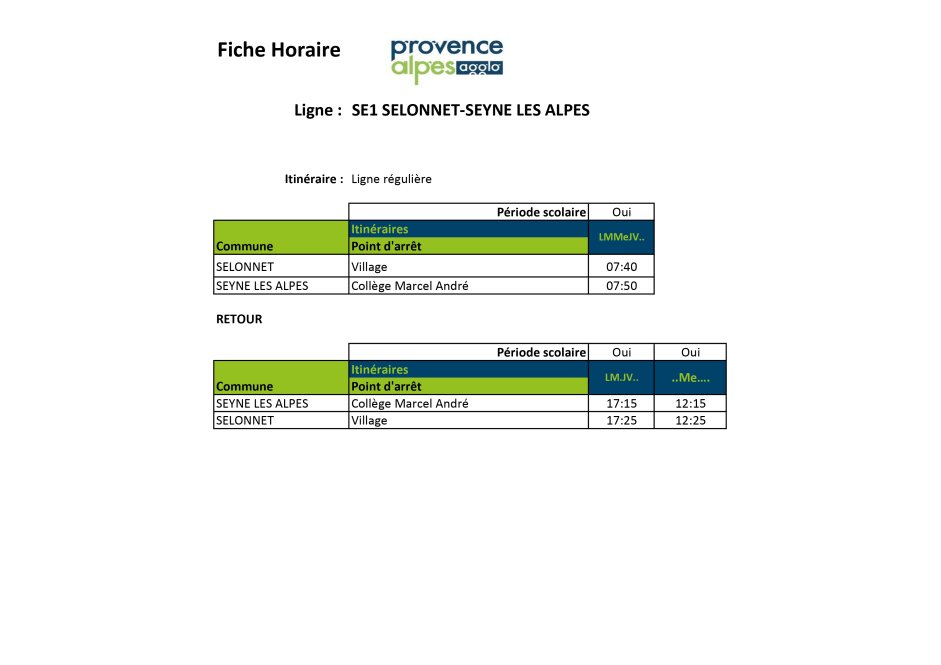 Fiche horaires PROVENCE ALPES AGGLO LSE1