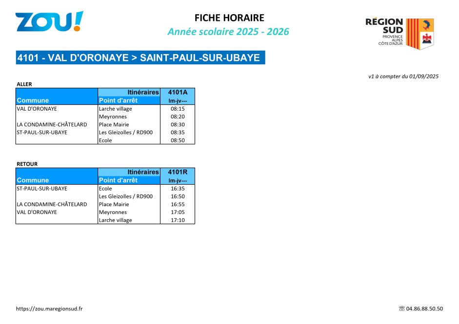 Fiche horaires L4101 ZOU Région Sud