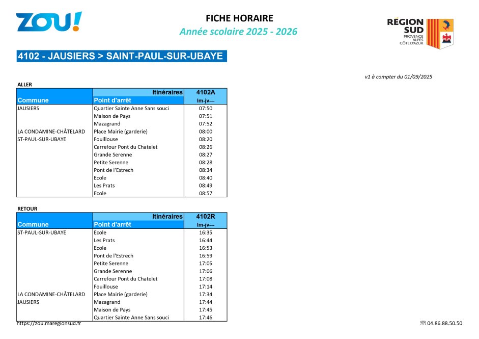 Fiche horaires L4102 ZOU Région Sud