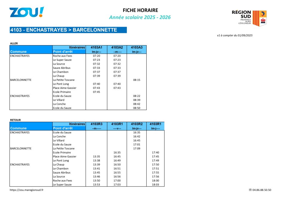 Fiche horaires L4103 ZOU Région Sud