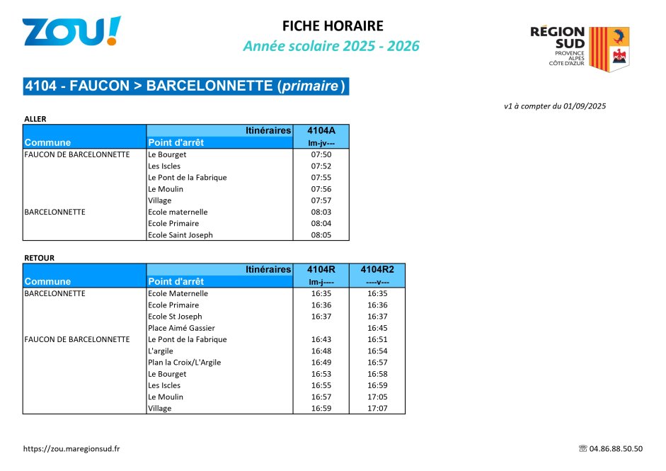 Fiche horaires L4104 ZOU Région Sud