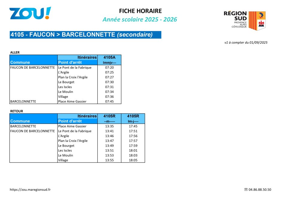 Fiche horaires L4105 ZOU Région Sud