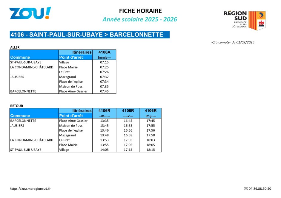Fiche horaires L4106 ZOU Région Sud