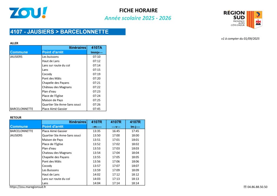 Fiche horaires L4107 ZOU Région Sud