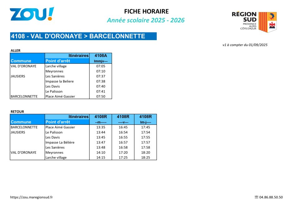 Fiche horaires L4108 ZOU Région Sud