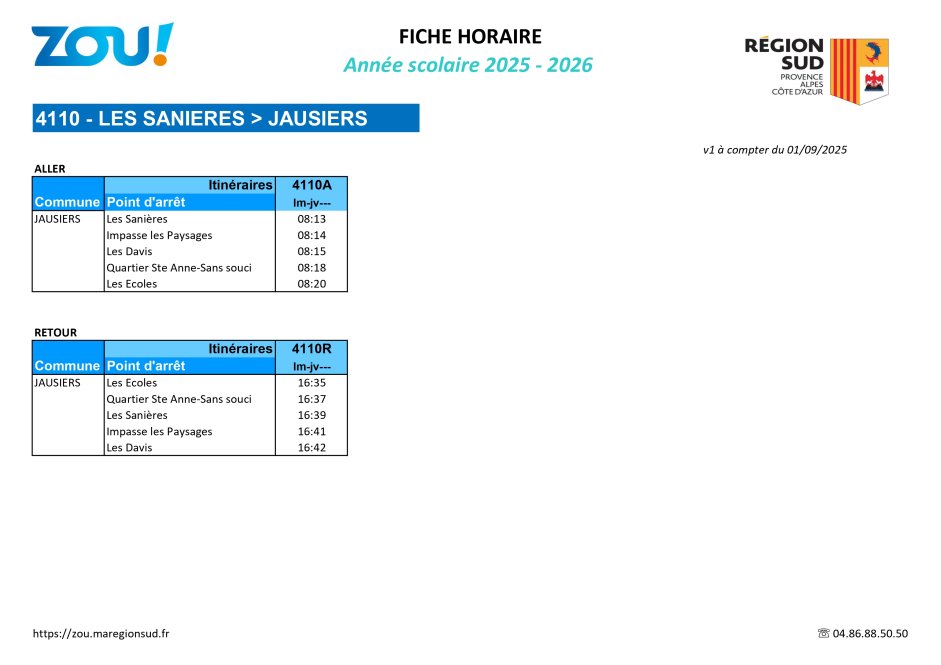 Fiche horaires L4110 ZOU Région Sud