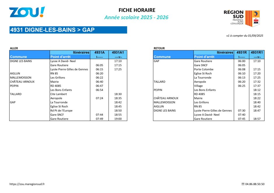 Fiche horaires L4931 ZOU Région Sud