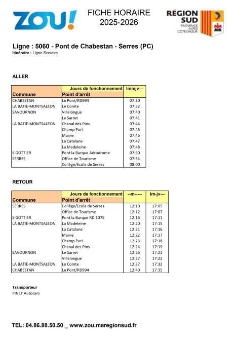 Fiche horaires L5060 ZOU Région Sud