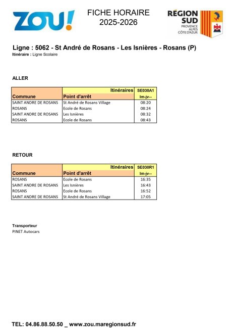 Fiche horaires L5062 ZOU Région Sud