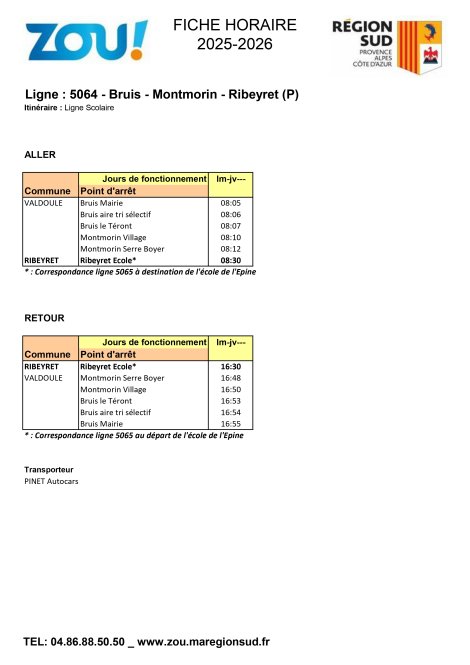 Fiche horaires L5064 ZOU Région Sud