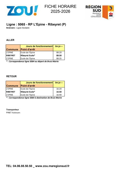 Fiche horaires L5065 ZOU Région Sud