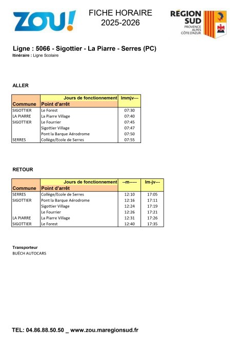 Fiche horaires L5066 ZOU Région Sud