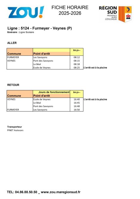 Fiche horaires L5124 ZOU Région Sud