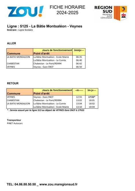 Fiche horaires L5125 ZOU Région Sud