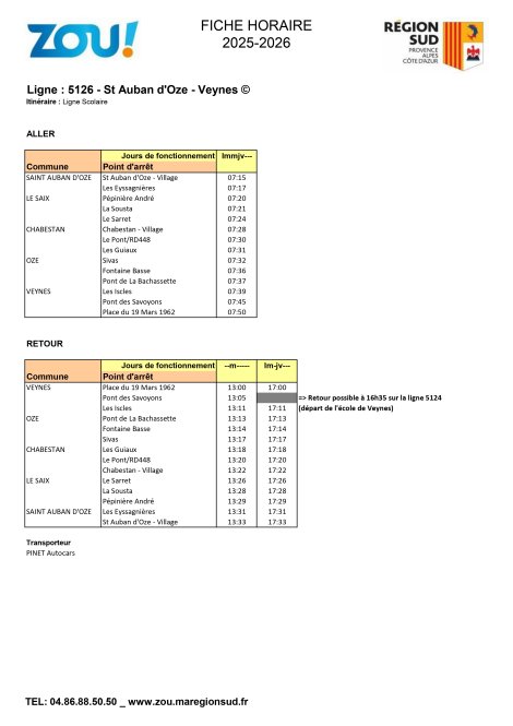 Fiche horaires L5126 ZOU Région Sud