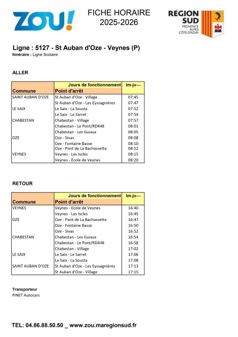 Fiche horaires L5127 ZOU Région Sud