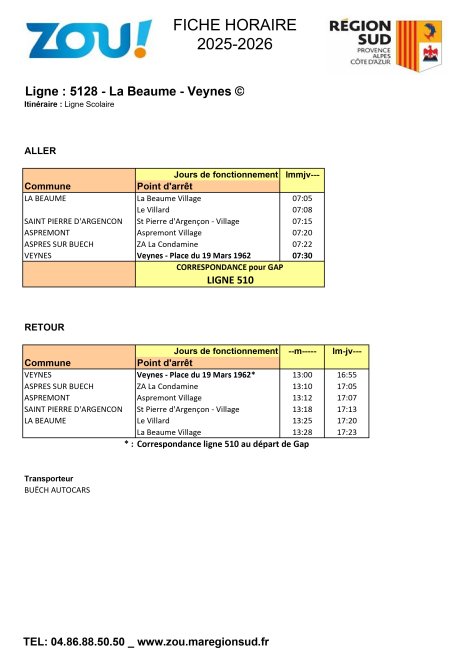Fiche horaires L5128 ZOU Région Sud