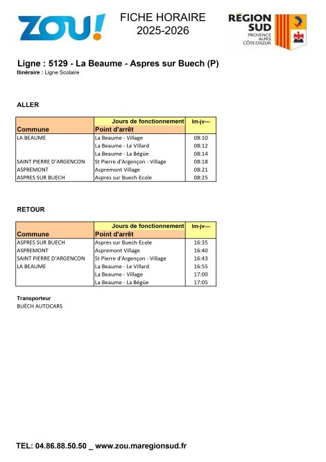 Fiche horaires L5129 ZOU Région Sud