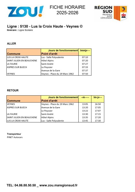 Fiche horaires L5130 ZOU Région Sud