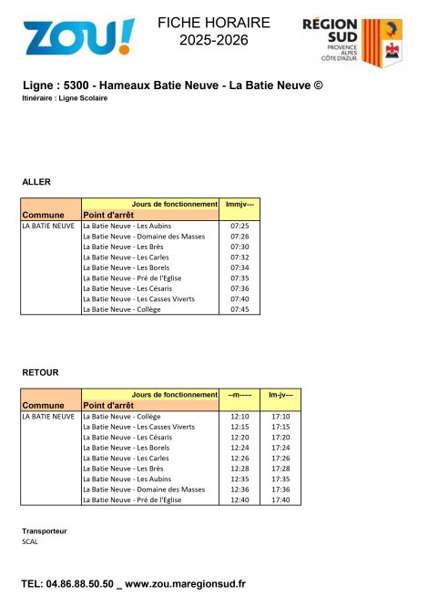 Fiche horaires L5300 ZOU Région Sud
