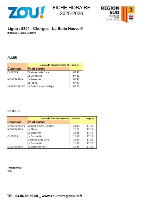 Fiche horaires L5301 ZOU Région Sud
