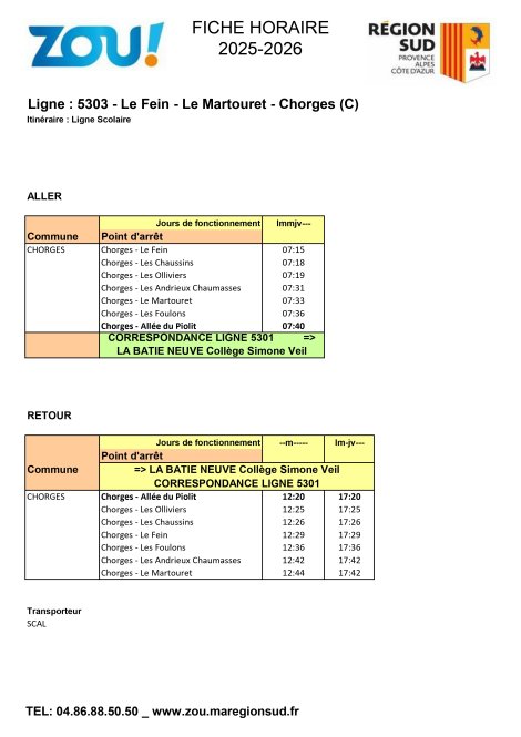 Fiche horaires L5303 ZOU Région Sud
