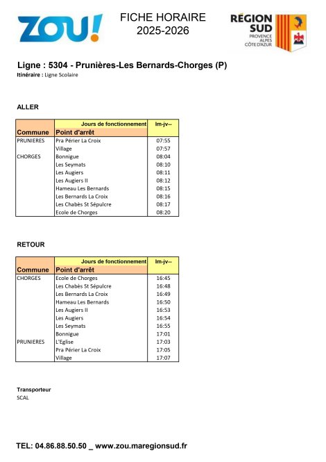 Fiche horaires L5304 Prunières - Les Bernards - Chorges - ZOU Région Sud