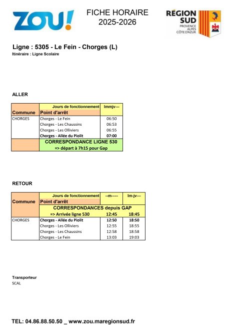 Fiche horaires L5305 Le Fein - Chorges - ZOU Région Sud