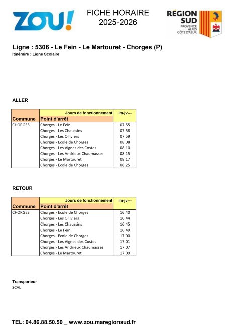Fiche horaires L5306 Le Fein - Le Martouret - Chorges - ZOU Région Sud