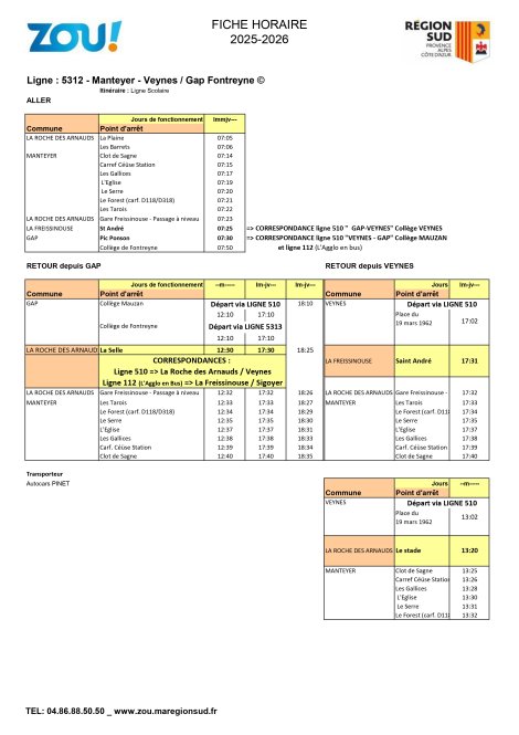 Fiche horaires L5312 ZOU Région Sud