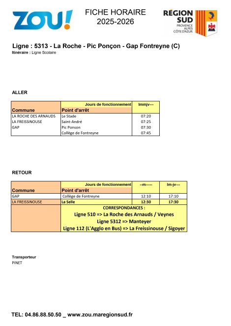 Fiche horaires L5313 ZOU Région Sud
