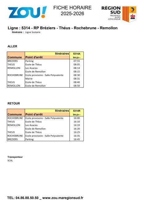 Fiche horaires L5314 Breziers - Theus - Rochebrune - Remollon - ZOU Région Sud
