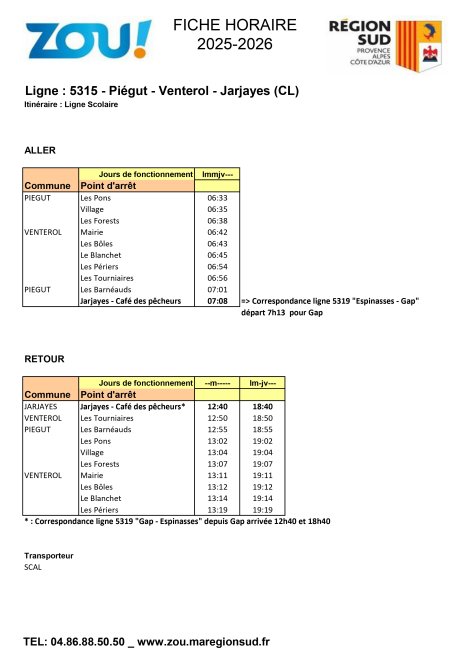 Fiche horaires L5315 ZOU Région Sud