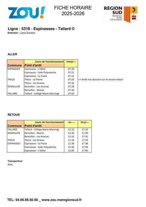 Fiche horaires L5318 ZOU Région Sud
