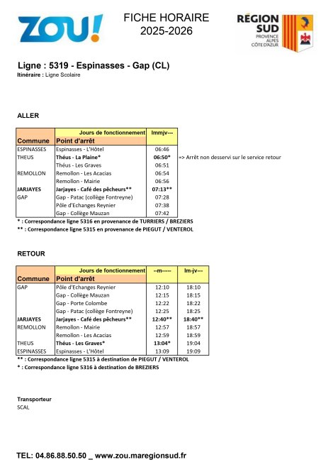 Fiche horaires L5319 ZOU Région Sud
