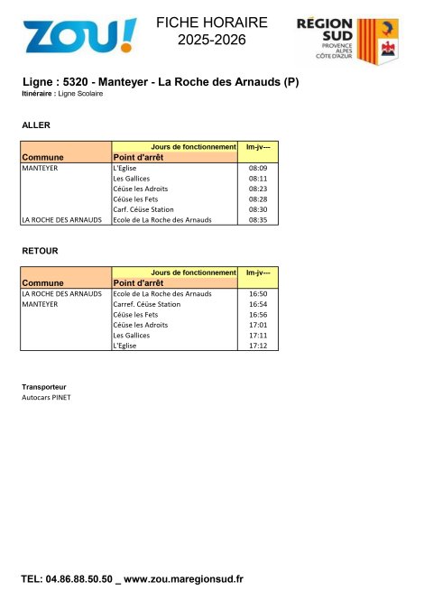 Fiche horaires L5320 ZOU Région Sud