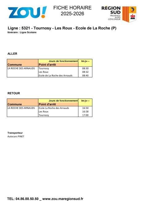 Fiche horaires L5321 ZOU Région Sud