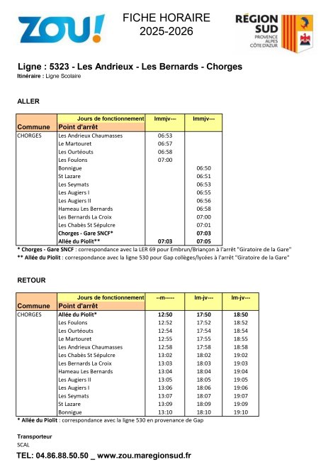 Fiche horaires L5323 ZOU Région Sud