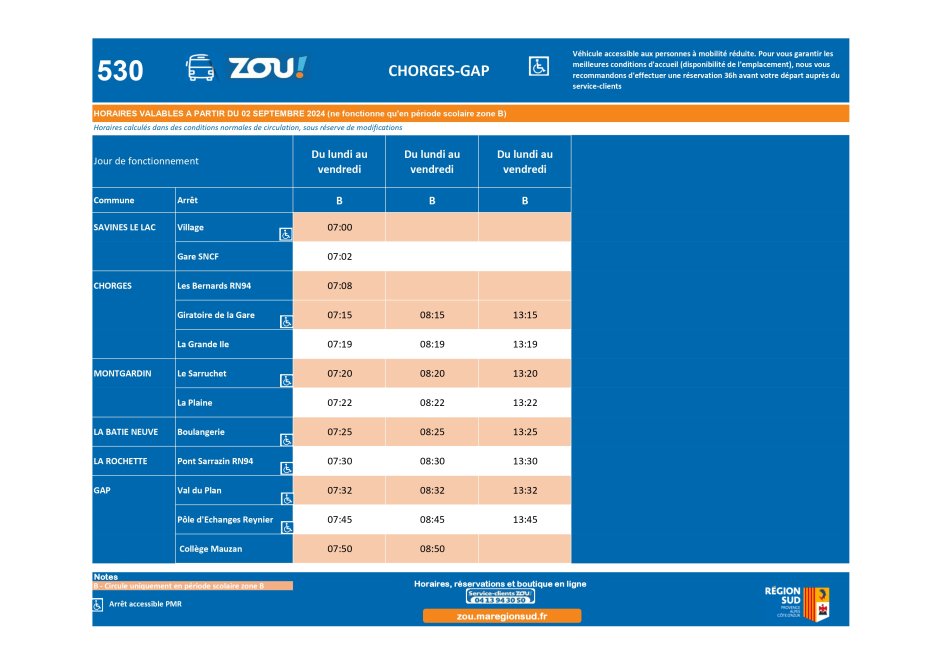 Fiche horaires L530 Chorges - Gap ZOU Région Sud