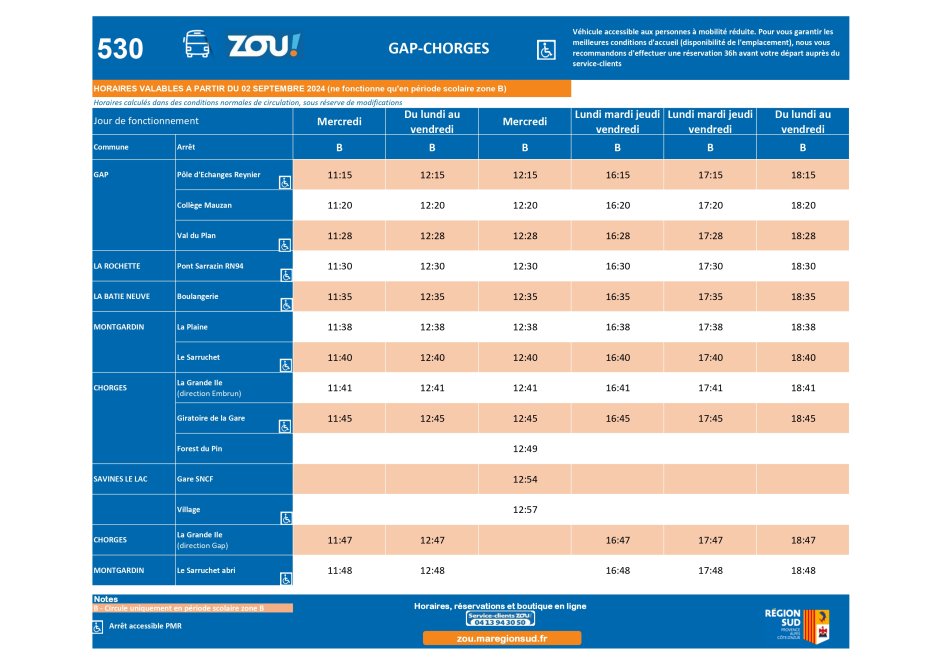 Fiche horaires L530 Chorges - Gap ZOU Région Sud