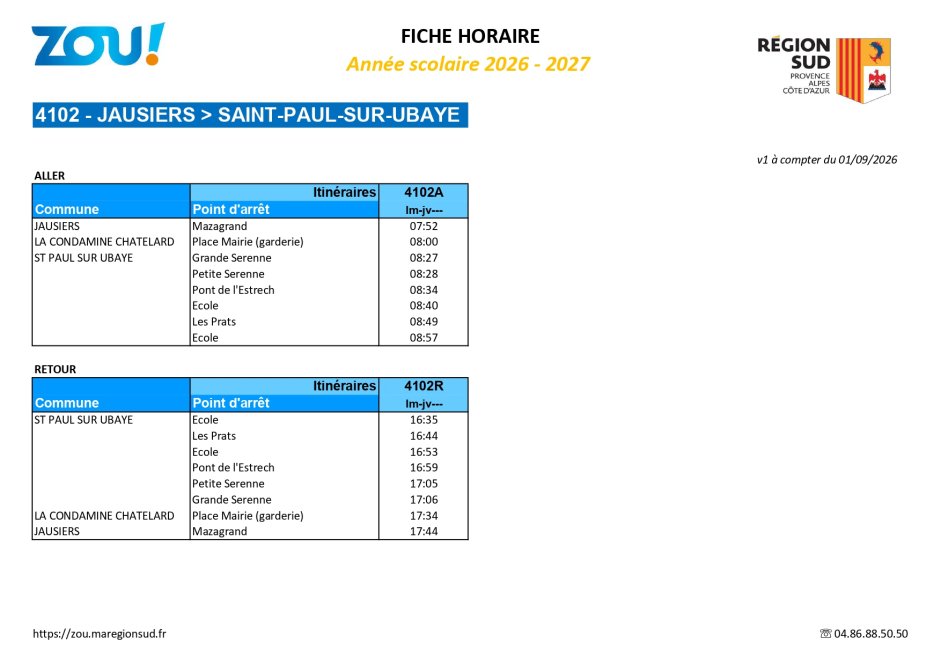 Fiche horaires L4102 2026-2027 ZOU Région Sud
