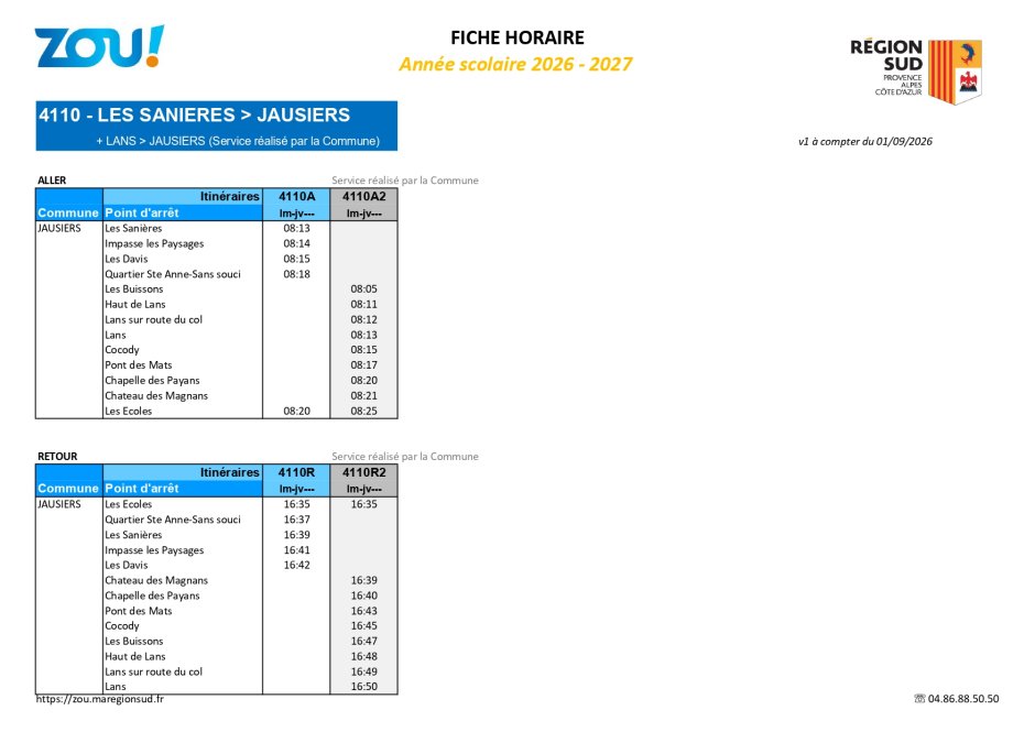 Fiche horaires L4110 2026-2027 ZOU Région Sud