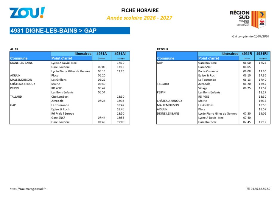 Fiche horaires L4931 2026-2027 ZOU Région Sud