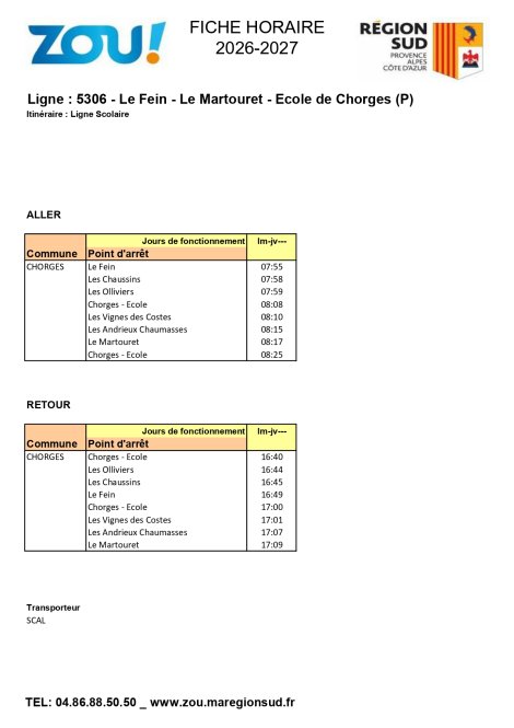Fiche horaires L5306 2026-2027 ZOU Région Sud