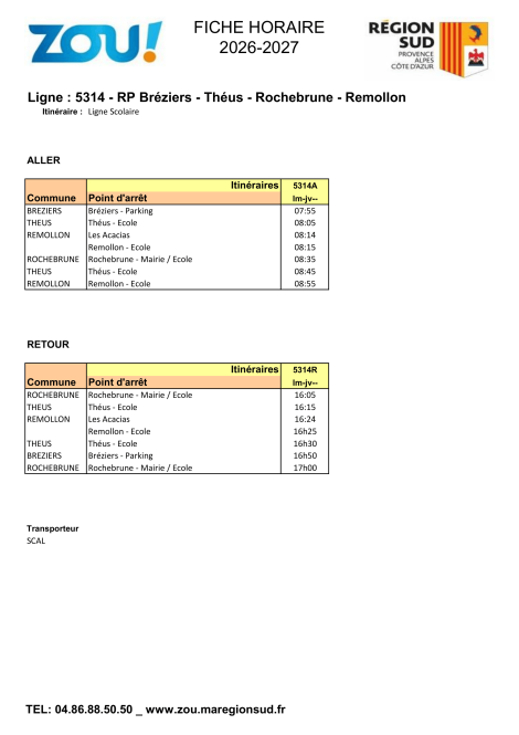 Fiche ZOU Région Sud L5314 (2026-2027)