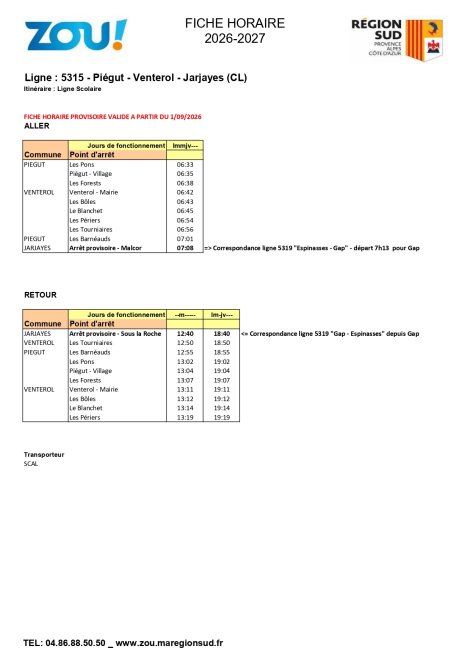 Fiche horaires L5315 2026-2027 ZOU Région Sud